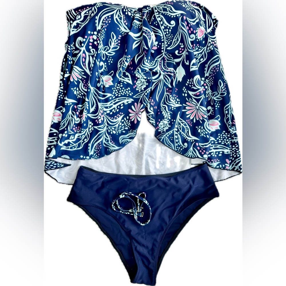 Women’s Navy Floral Strapless Swim Tankini Set - Navy / Pink. Large